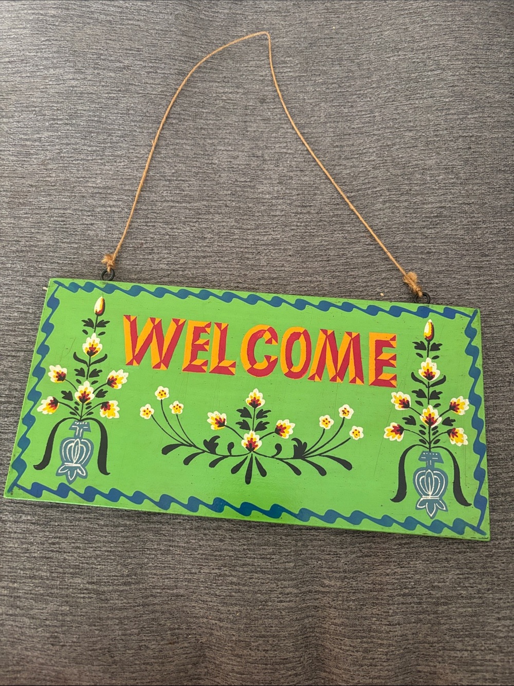 Cost Plus World Market Green Welcome Floral Hanging Sign
